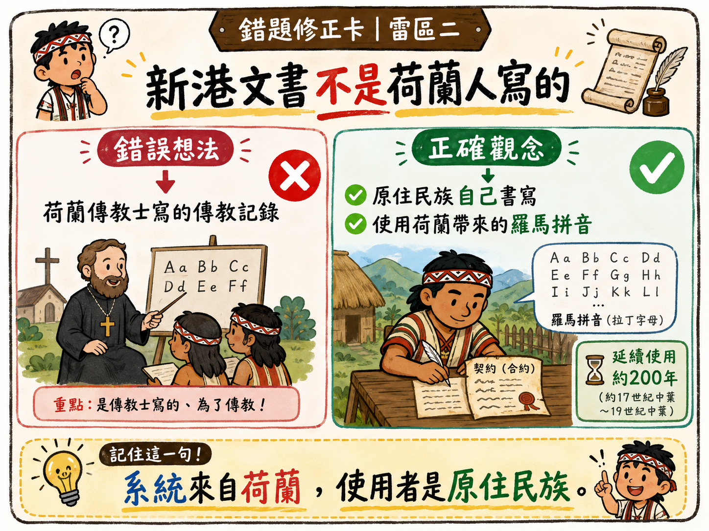 錯題修正卡，說明新港文書不是荷蘭人書寫，而是原住民族使用羅馬拼音書寫。