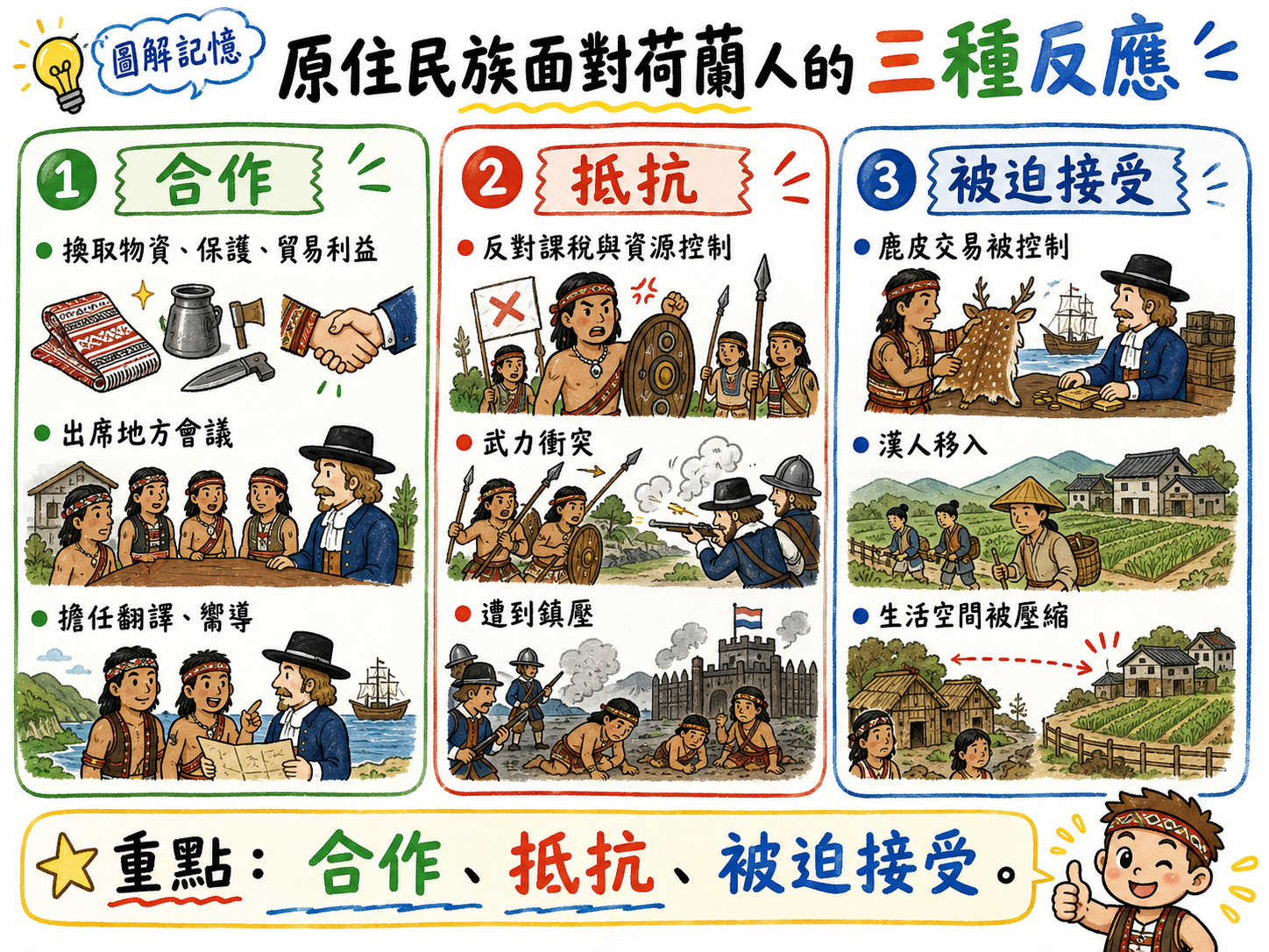 原住民族面對荷蘭人的三種反應圖，包含合作、抵抗與被迫接受。