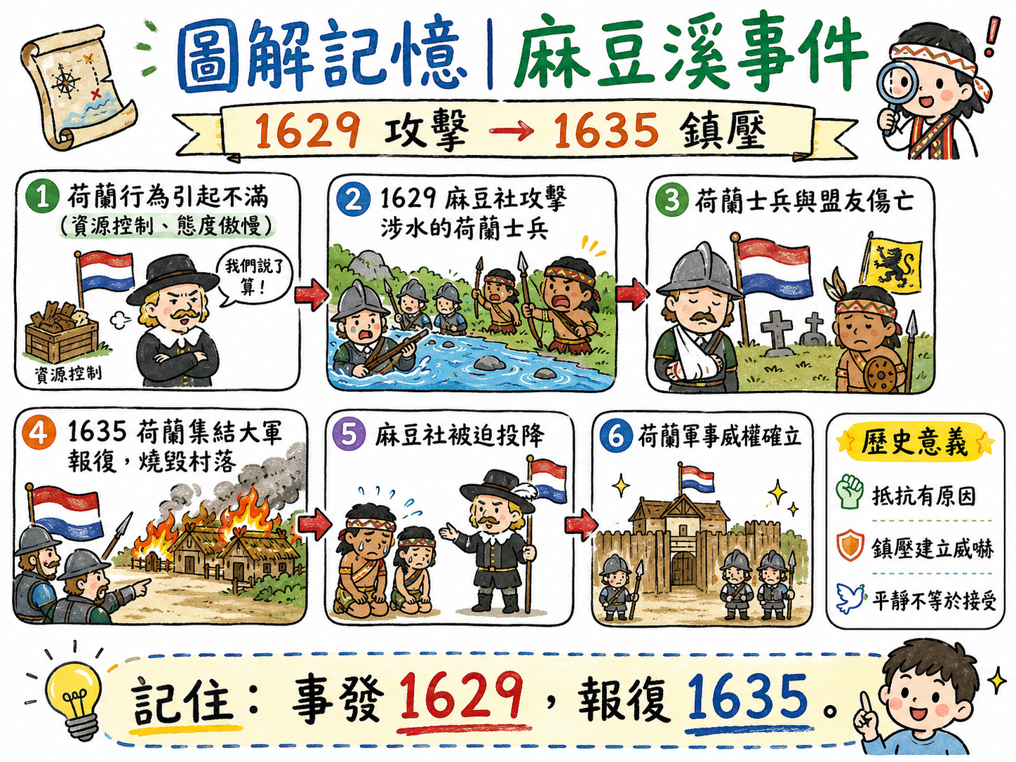 麻豆溪事件圖，說明1629年麻豆社攻擊荷蘭，1635年荷蘭鎮壓麻豆社。