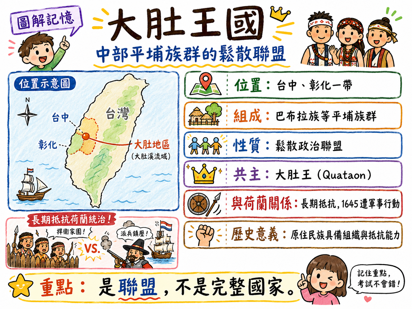 大肚王國圖，說明位置、組成、性質、共主與歷史意義。