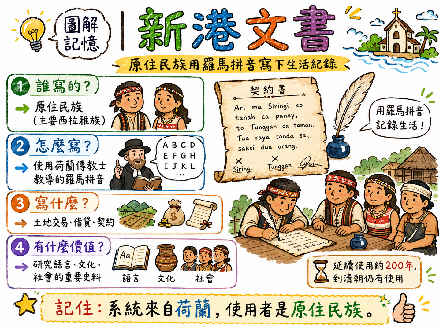 新港文書圖，說明原住民族使用羅馬拼音書寫契約文書，記錄土地交易與生活事務。