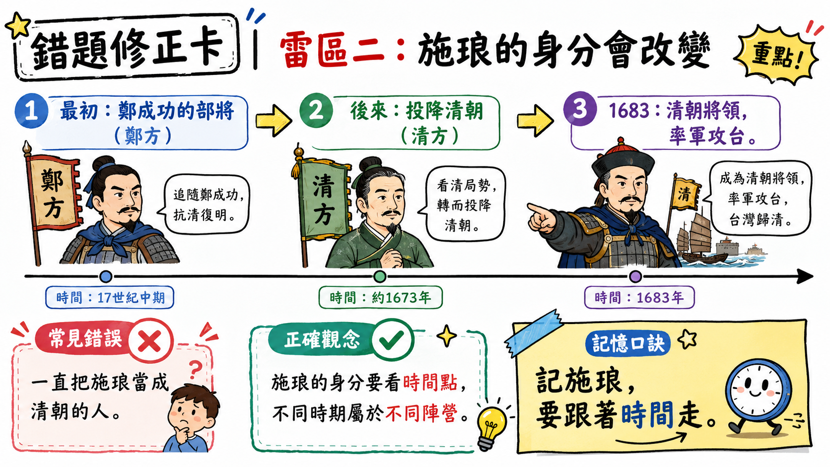 錯題修正卡，說明施琅由鄭方部將轉為清方將領的身分變化。