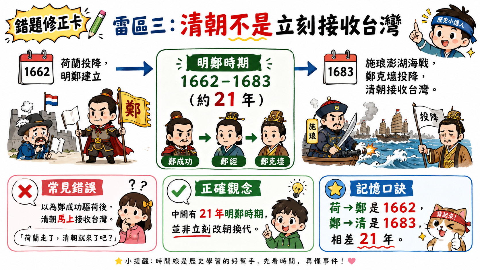 錯題修正卡，說明清朝並非在荷蘭撤離後立刻接收台灣，中間有21年的明鄭時期。