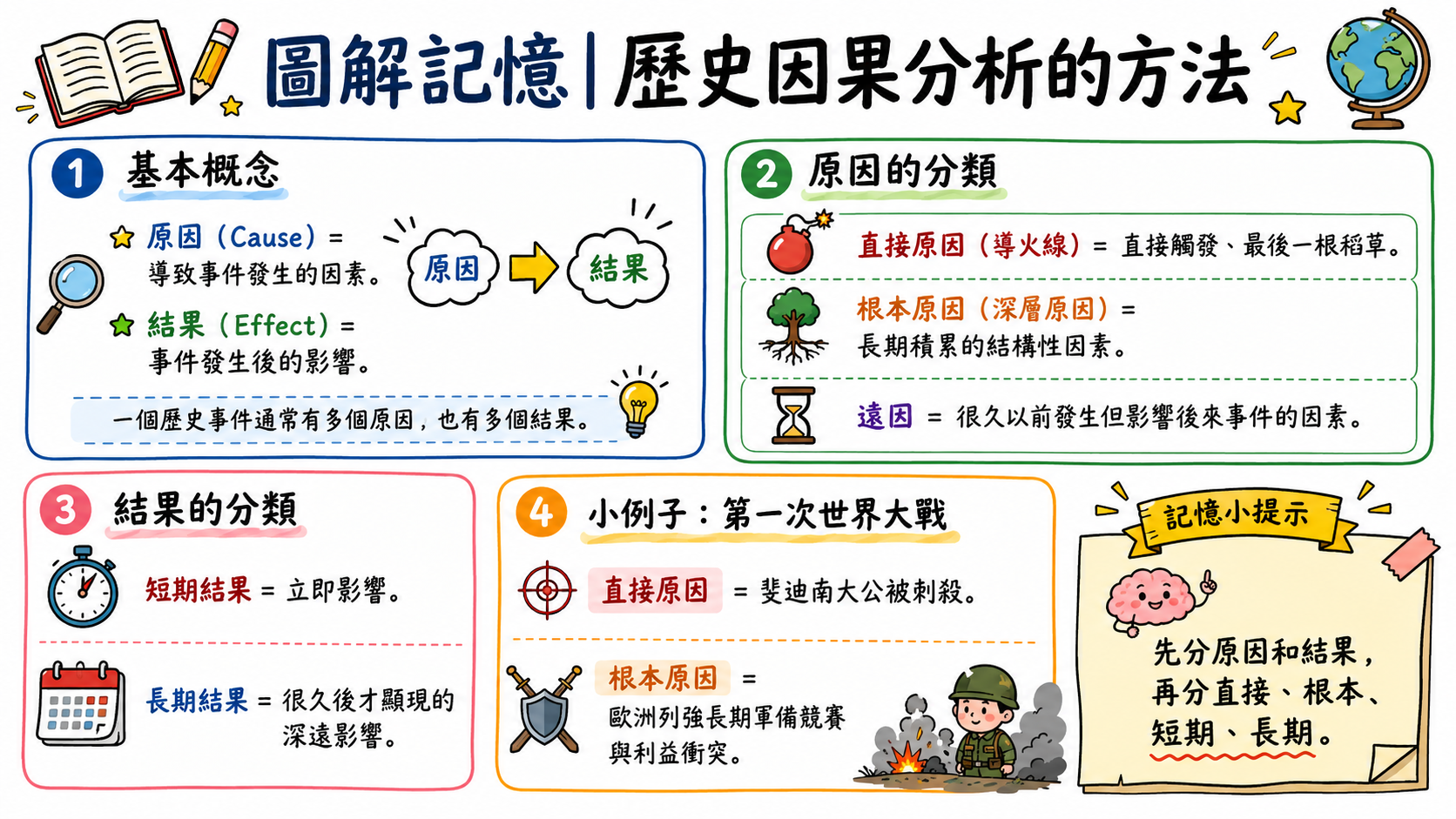 歷史因果分析方法圖，整理原因、結果、直接原因、根本原因、短期結果與長期結果。