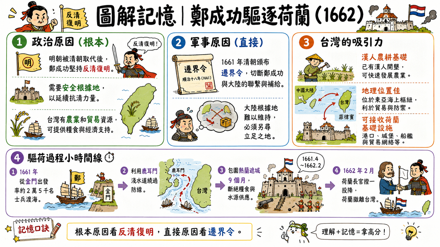 鄭成功驅逐荷蘭圖，整理政治原因、軍事原因、台灣吸引力與驅荷過程時間線。