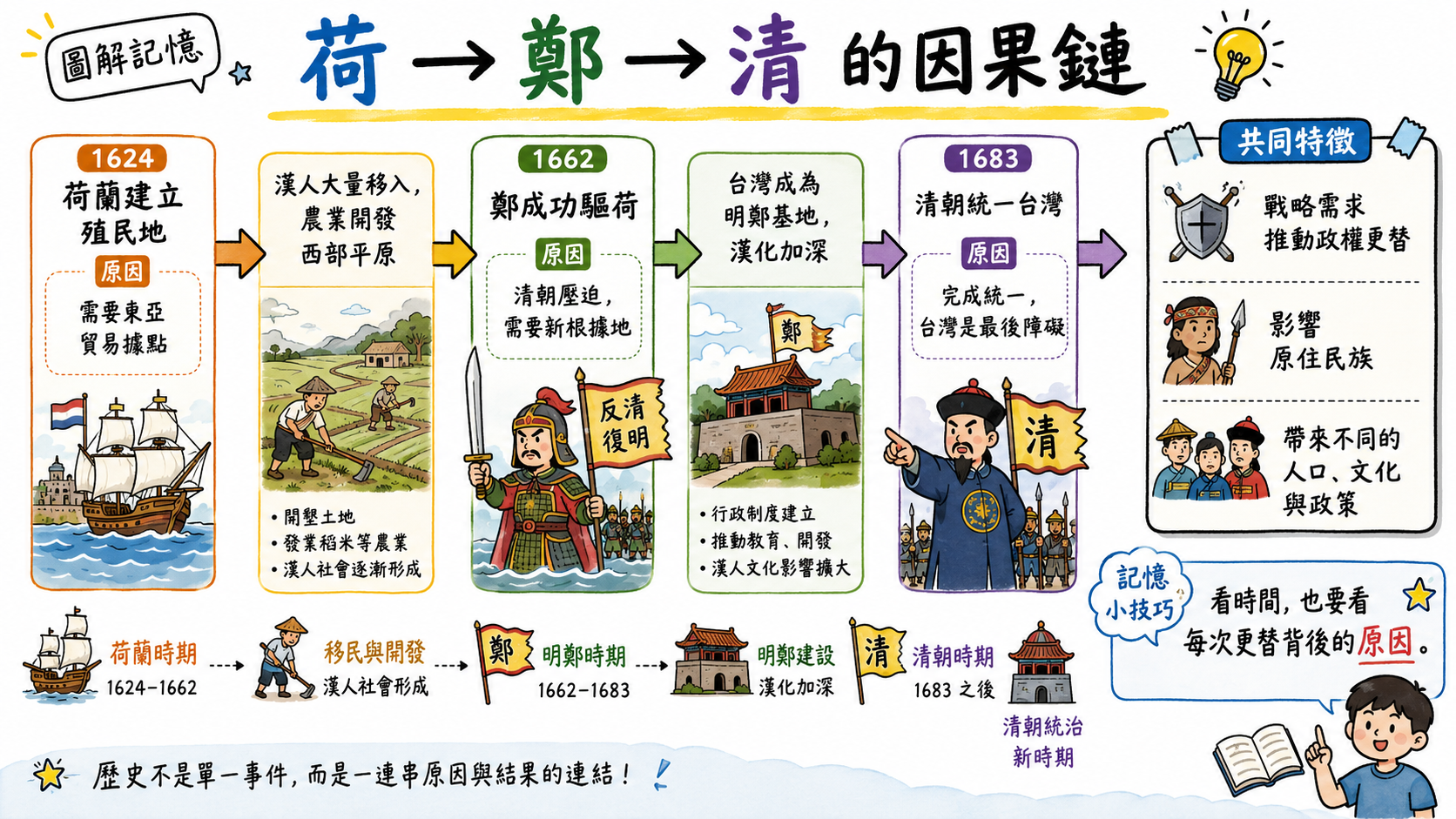 荷鄭清因果鏈圖，整理荷蘭建立殖民地、鄭成功驅荷、明鄭時期與清朝接收台灣的連續關係。