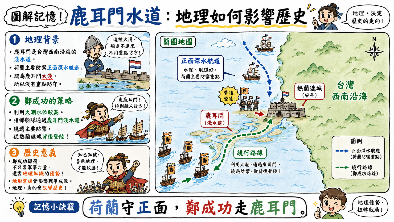 鹿耳門水道圖，說明地理背景、鄭成功策略與鹿耳門在攻台中的關鍵作用。