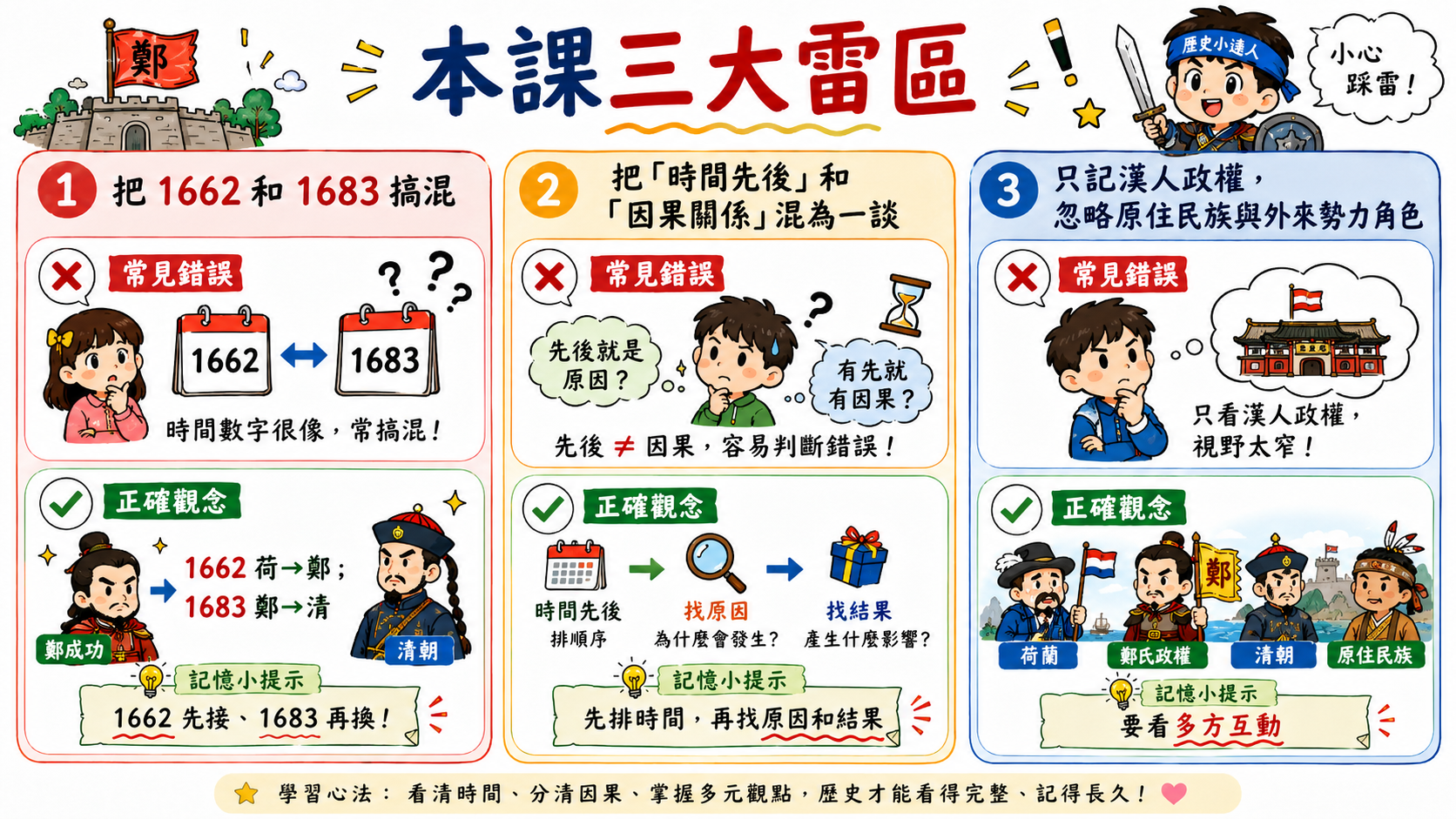 歷史學習雷區總覽圖，整理 1662 和 1683 搞混、荷蘭時期和明鄭時期政策混淆、人物與事件配對錯誤三個常見錯誤。