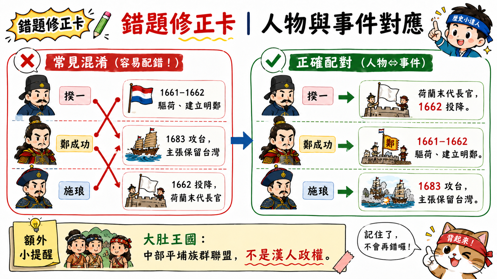 歷史人物與事件配對修正卡，整理揆一、鄭成功、施琅與大肚王國對應的歷史事件。