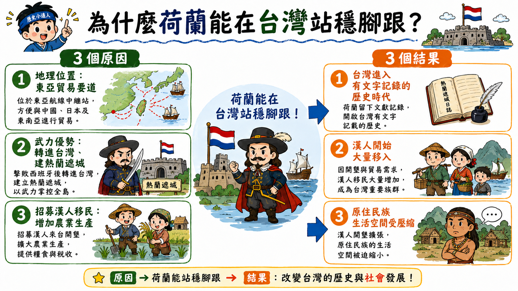 荷蘭在台灣的歷史足跡圖，說明荷蘭因地理位置、軍事優勢與招募漢人移民而能在台灣站穩腳跟，並造成有文字記錄、漢人移入與原住民族生活空間壓縮。