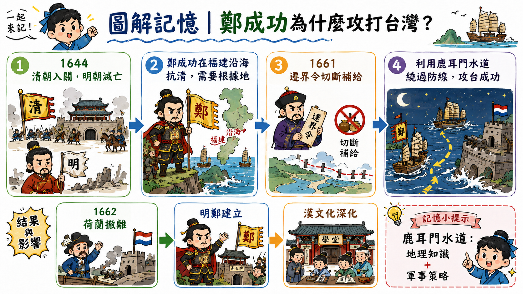 鄭成功攻台歷史圖解，整理清朝入關、鄭成功在福建沿海抗清、遷界令切斷補給、利用鹿耳門水道攻台、荷蘭撤離與明鄭建立。