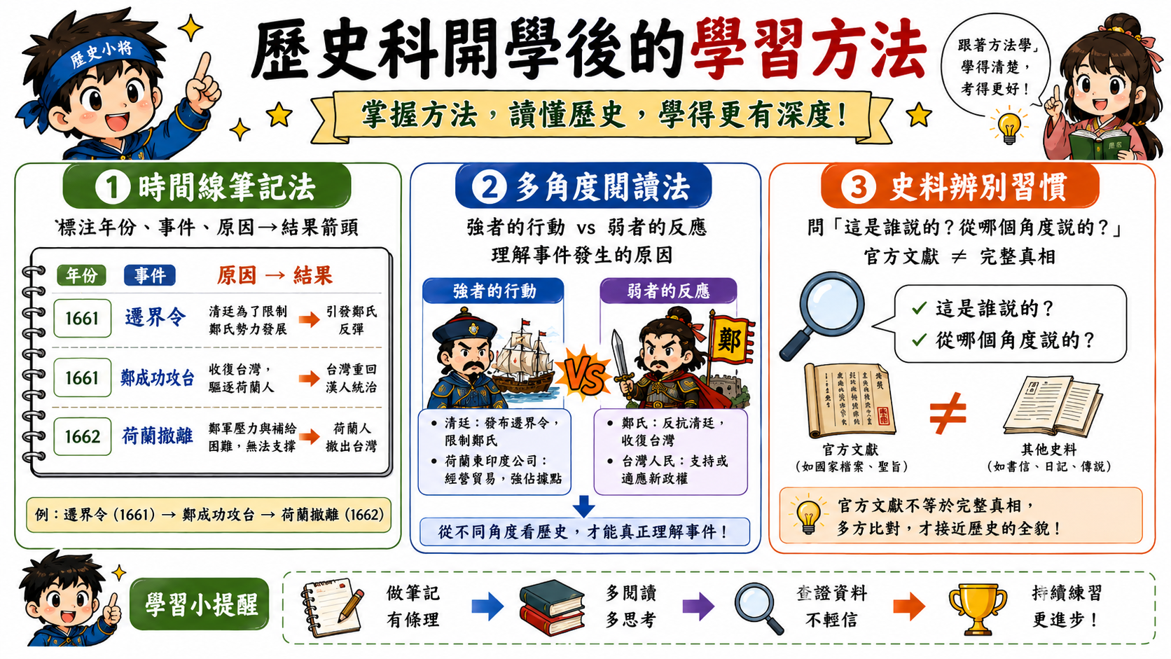 歷史四大雷區總覽圖，整理年份混淆、施琅身分轉換、新港文書性質與直接原因根本原因混淆。