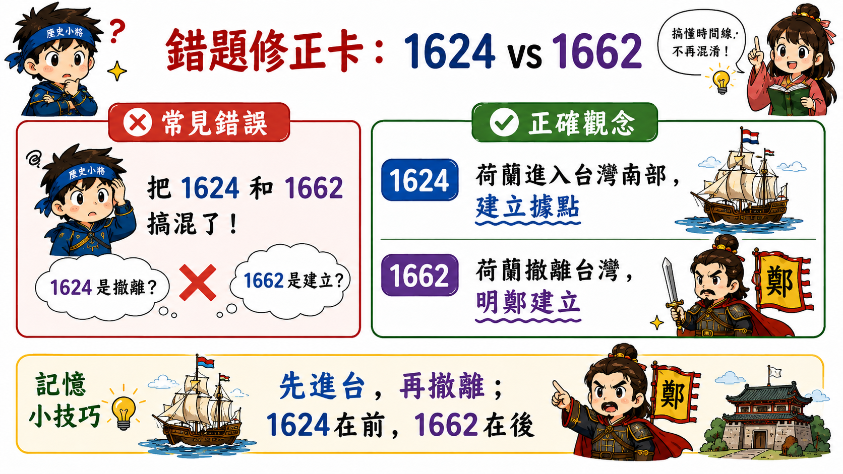 直接原因與根本原因錯題修正卡，說明鄭成功攻台的根本原因與遷界令這個直接原因。