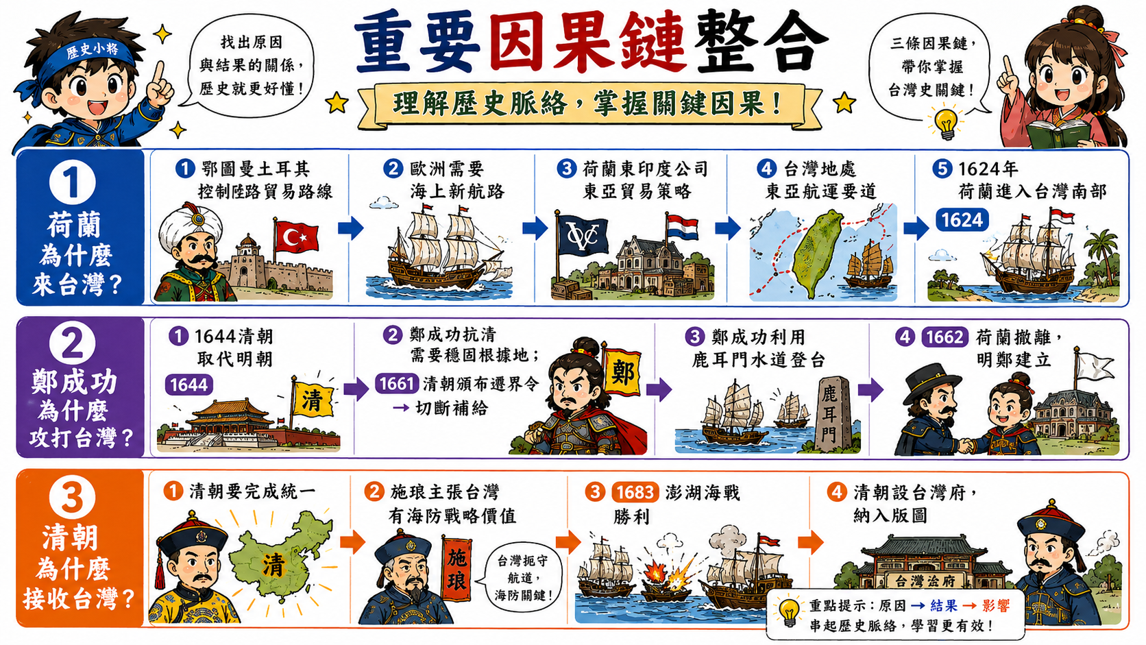 歷史因果鏈圖，整理荷蘭來台、鄭成功攻台與清朝接收台灣的原因和結果。