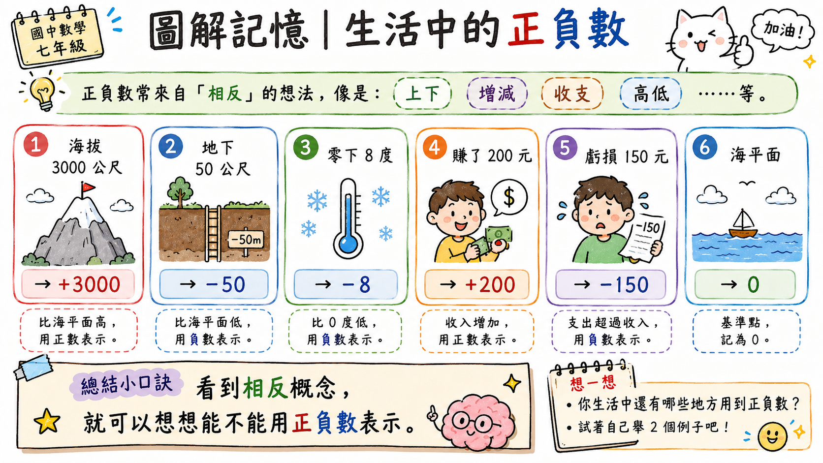 生活中的正負數圖，整理海拔高度、地下樓層、零下溫度、賺錢、虧損與海平面等例子。