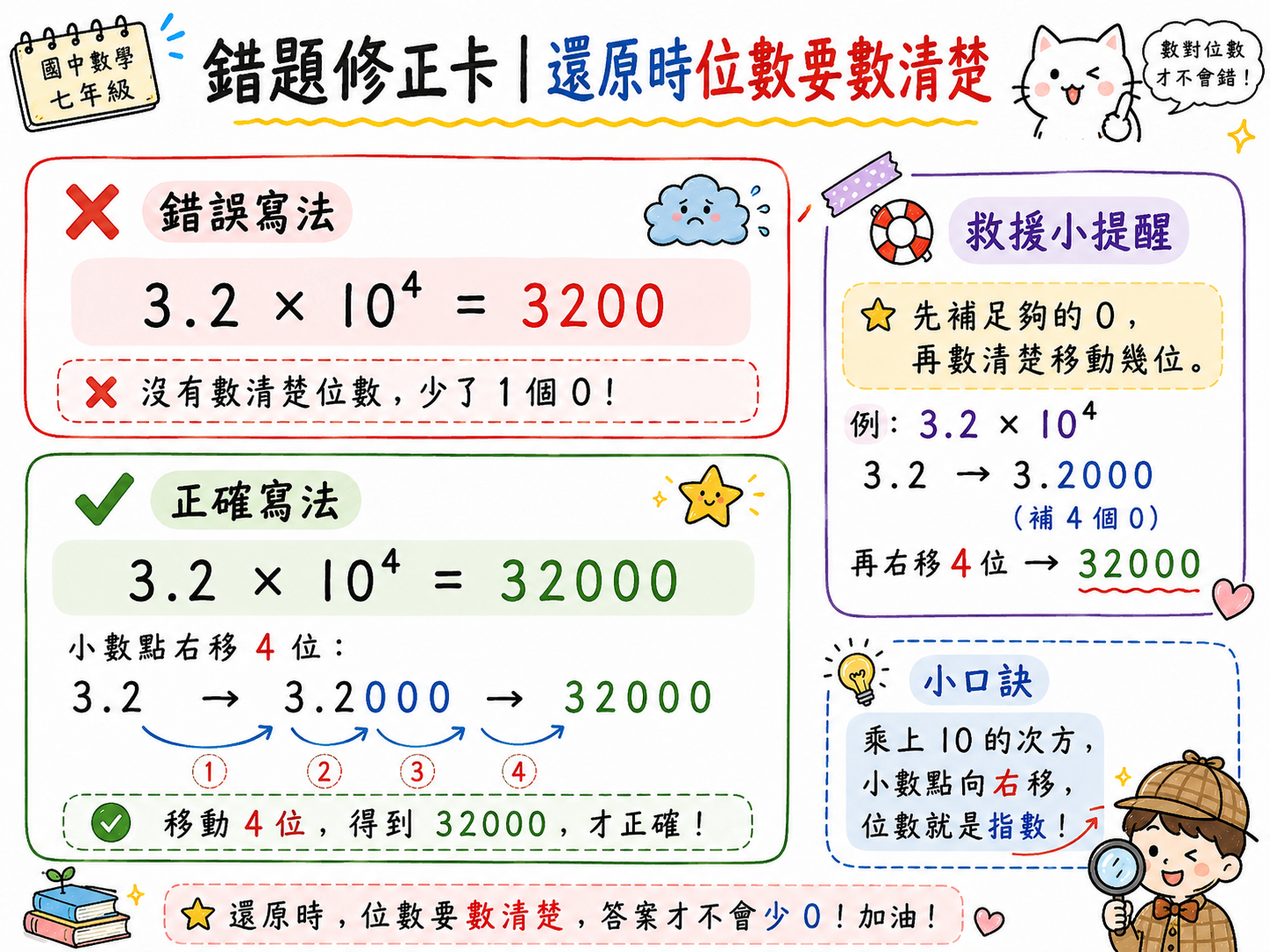 錯題修正卡，說明 3.2 乘以 10 的 4 次方還原時要右移 4 位，答案是 32000。
