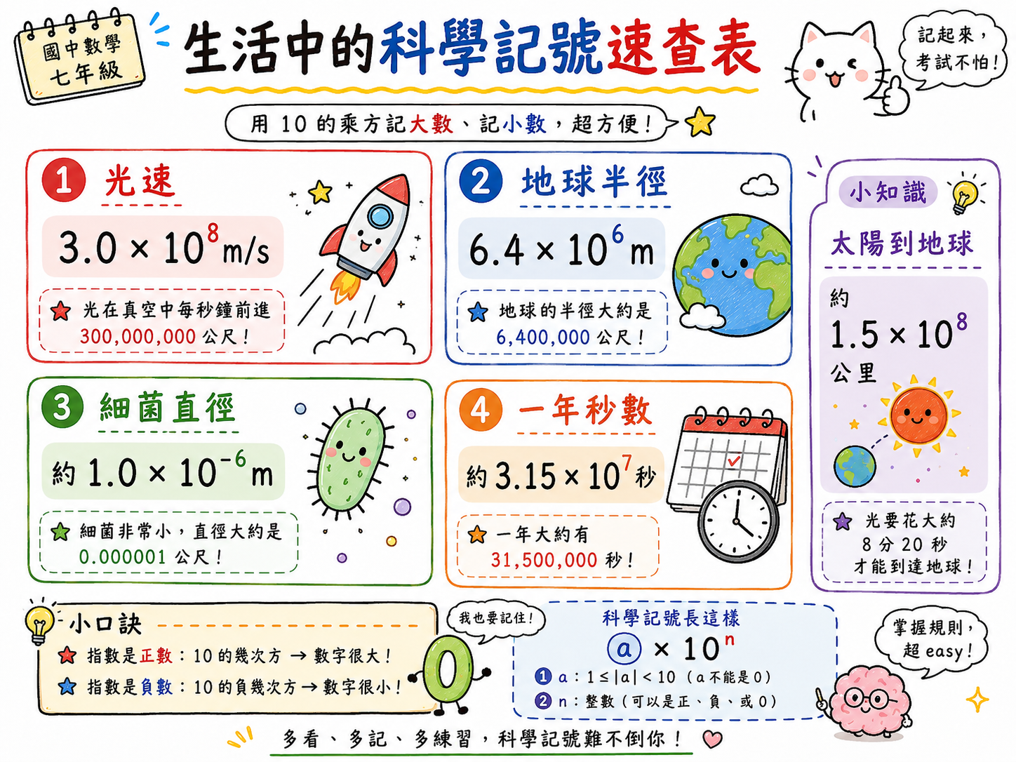 生活中的科學記號圖，整理光速、地球半徑、細菌直徑、一年秒數與太陽到地球距離等例子。